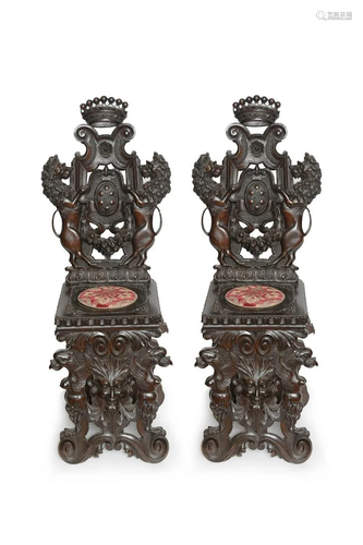 A Pair of Old Walnut Renaissance Revival Hall Chiars