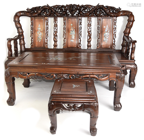 A Set of Chinese Old Hardwood Living Room Set Carved