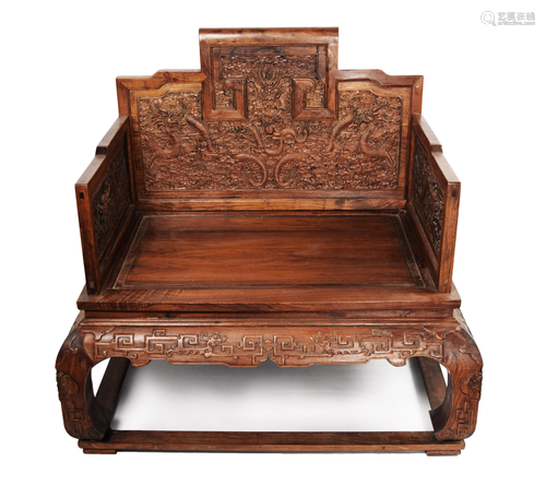 A Chinese Huanghuali Throne Carved with Dragons and