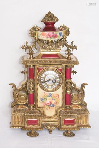 A Continental Gilt Bronze Clock with Fuchsia Porcelain