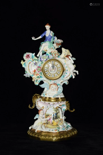 A Continental Porcelain Clock with Flowers, Angels, and