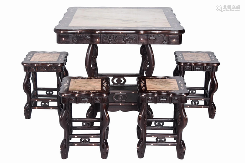 [Chinese] A Set of Old Nacre Inlaid Hardwood Table and