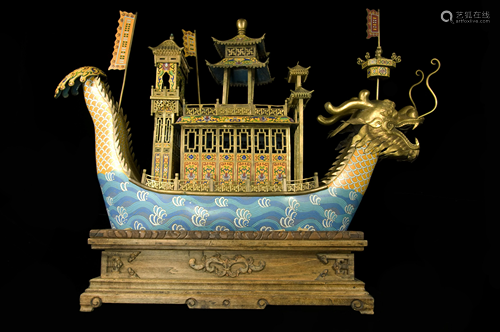 A Chinese Large Gilt Bronze Cloisonne Dragon Ship