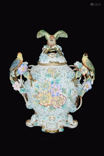 A Continental Porcelain Lidded Urn Fully Covered with