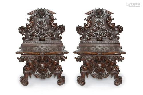 A Pair of Old Italian Walnut Baroque Hall Chairs