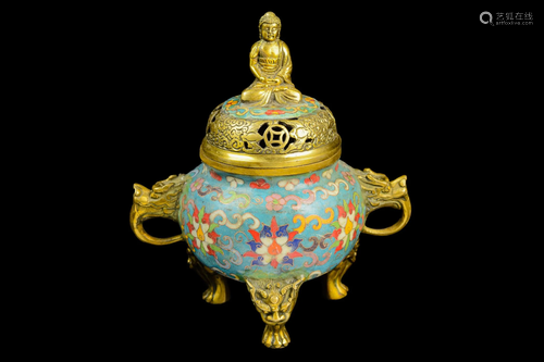 [Chinese] A Cloisonne Tripod Censor with Buddha Lid and