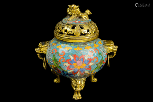 [Chinese] A Cloisonne Censor with Lion Lid and Breast