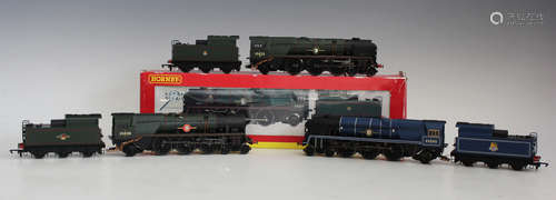 Three Hornby gauge OO Merchant Navy class locomotives and te...