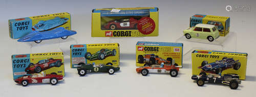 Seven Corgi Toys cars, comprising a No. 227 Morris Mini-Coop...