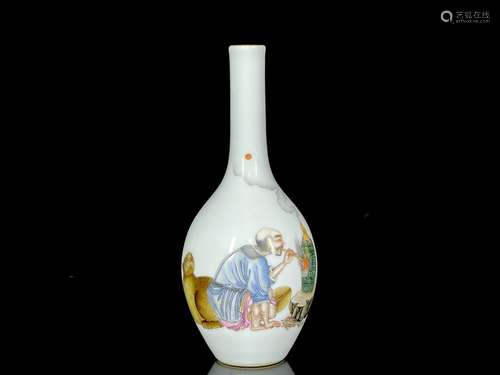 Qing Qianlong enamel color arhat pattern long neck bottle