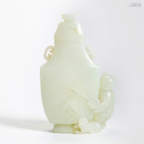 A Carved White Jade Kid with Vase Qing Dynasty