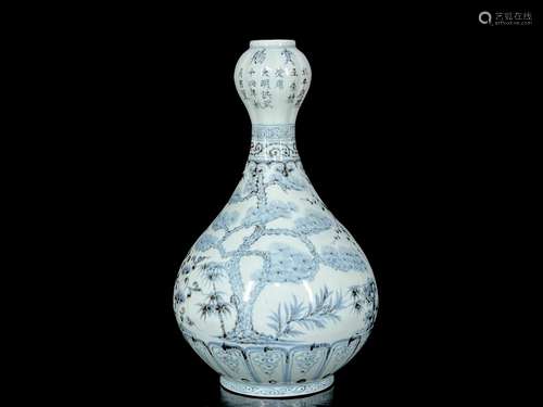 Ming Hongwu blue and white pine bamboo plum pattern garlic b...