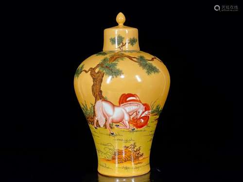 Qing Qianlong pastel plum vase with horse pattern