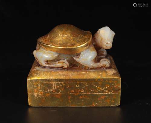 Han Hetian jade bag golden turtle seal
