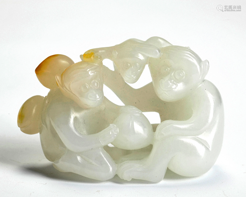 A Carved White Jade Monkeys Group Qing Dynasty