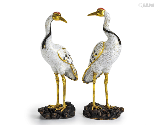 Pair Cloisonne Enamel Standing Cranes Qing Dynasty