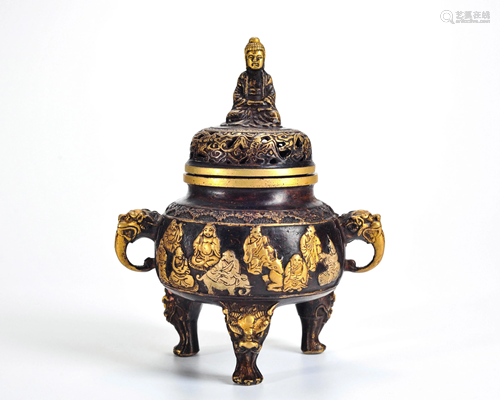 A Bronze Partly Gilt Tripod Censer Qing Dynasty