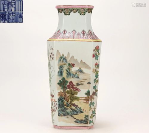 A Famille Rose Landscape Squared Vase Qing Dynasty