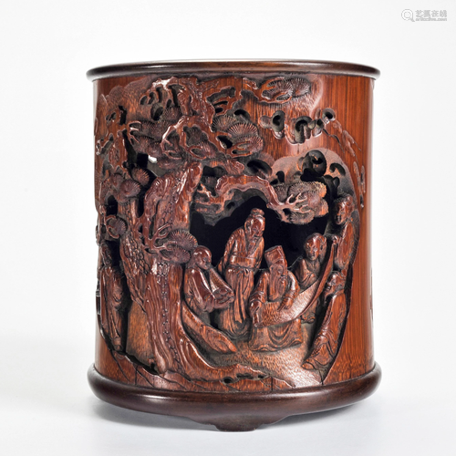 A Carved Bamboo Figural among Landscape Brushpot Qing