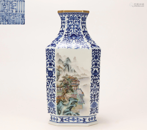 A Famille Rose Landscape Squared Vase Qing Dynasty