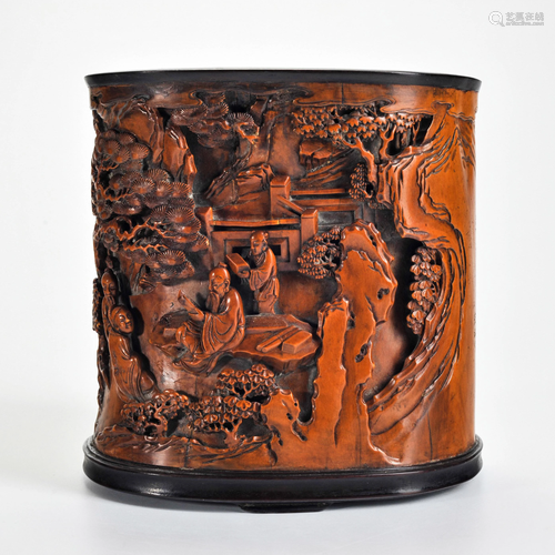 A Carved Boxwood Figural among Landscape Brushpot Qing