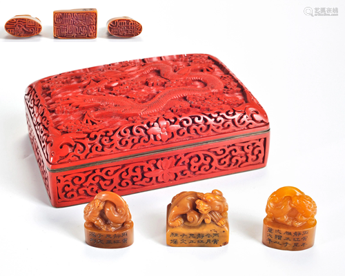 A Group of Three Carved Tianhuang Seals with Box Qing