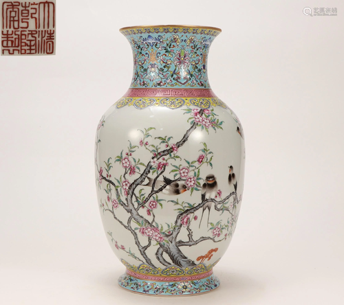 A Famille Rose Swallow and Prunus Lantern Vase Qing