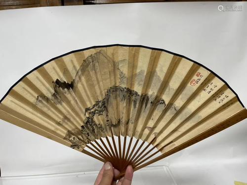 A Chinese Watercolor Painting and Calligraphy Fan