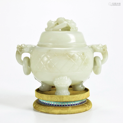 A Carved White Jade Tripod Censer Qing Dynasty