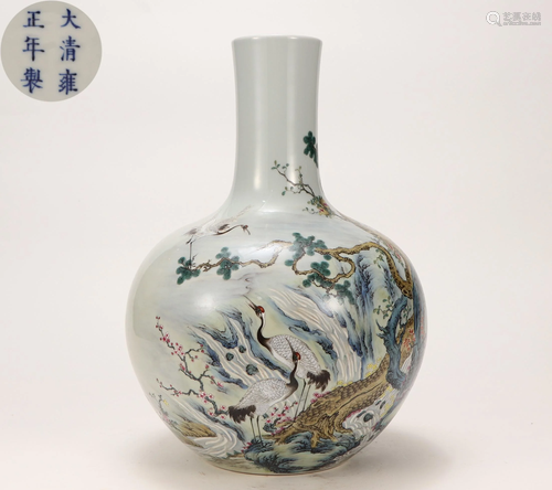 A Famille Rose Cranes Globular Vase Qing Dynasty