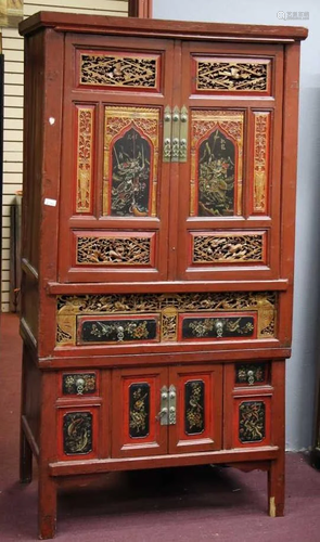 Antique Chinese Carved Gilt & Lacquer Cabinet