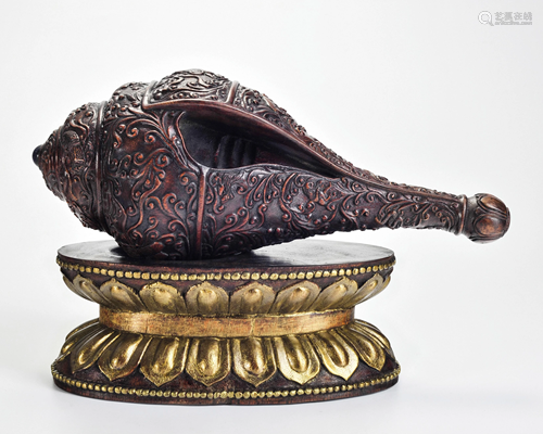 A Carved Aloes-wood Ritual Conch Qing Dynasty