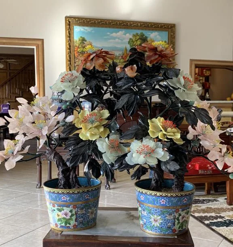 1950s Pair Of Jade Flowers/ Cloisonne Pots