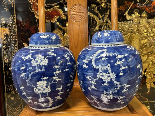 A Pair of Large Blue and White Porcelain Jars