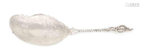 A 835 silver serving scoop with twisted stem and engraved de...