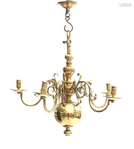 A five-arm brass chandelier for candles, Netherlands, 17th/1...