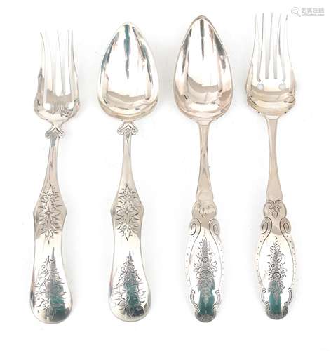 Two 835 silver server cutlery sets with floral engraved deco...