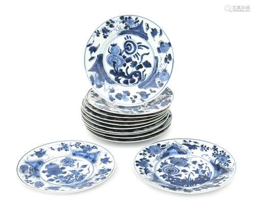 Twelve blue and white Chinese porcelain plates with floral d...