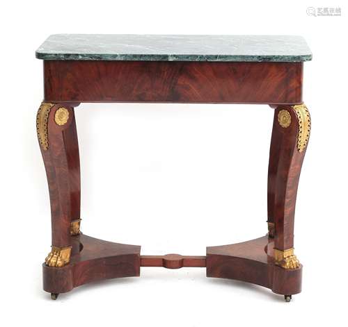 A mahogany table, ormulu mounted with green marble top, Fran...