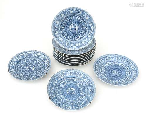 Thirteen Chinese blue and white porcelain plates with styliz...