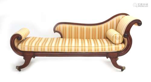 A mahogany chaise longue with satin striped upholstery, Engl...