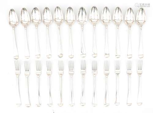 Twelve 835 silver table spoons and table forks, Hermanus van...