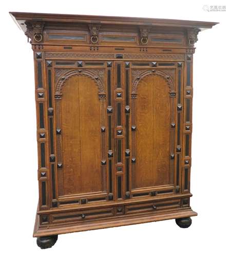 An oak and ebony Utrecht cabinet on ball feet, Holland, 17th...