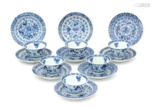 Six Chinese blue and white porcelain cups and nine saucers w...