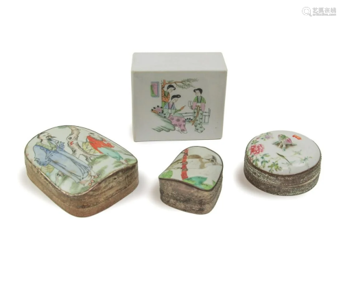 GROUP OF FOUR PORCELAIN BOXES AND PILLOW