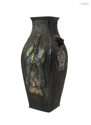 BRONZE CHAMPLEVE GUAN YU VASE