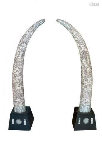 LARGE PAIR OF CARVED BONE VENEER TUSKS