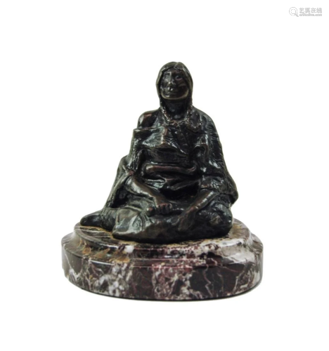 CM RUSSELL BRONZE SEATED INDIAN FIGURE
