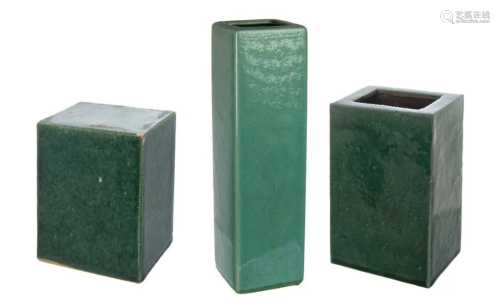 THREE GREEN GLAZED SQUARE VASES