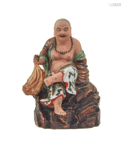 CHINESE ENAMELED PORCELAIN LOHAN FIGURINE